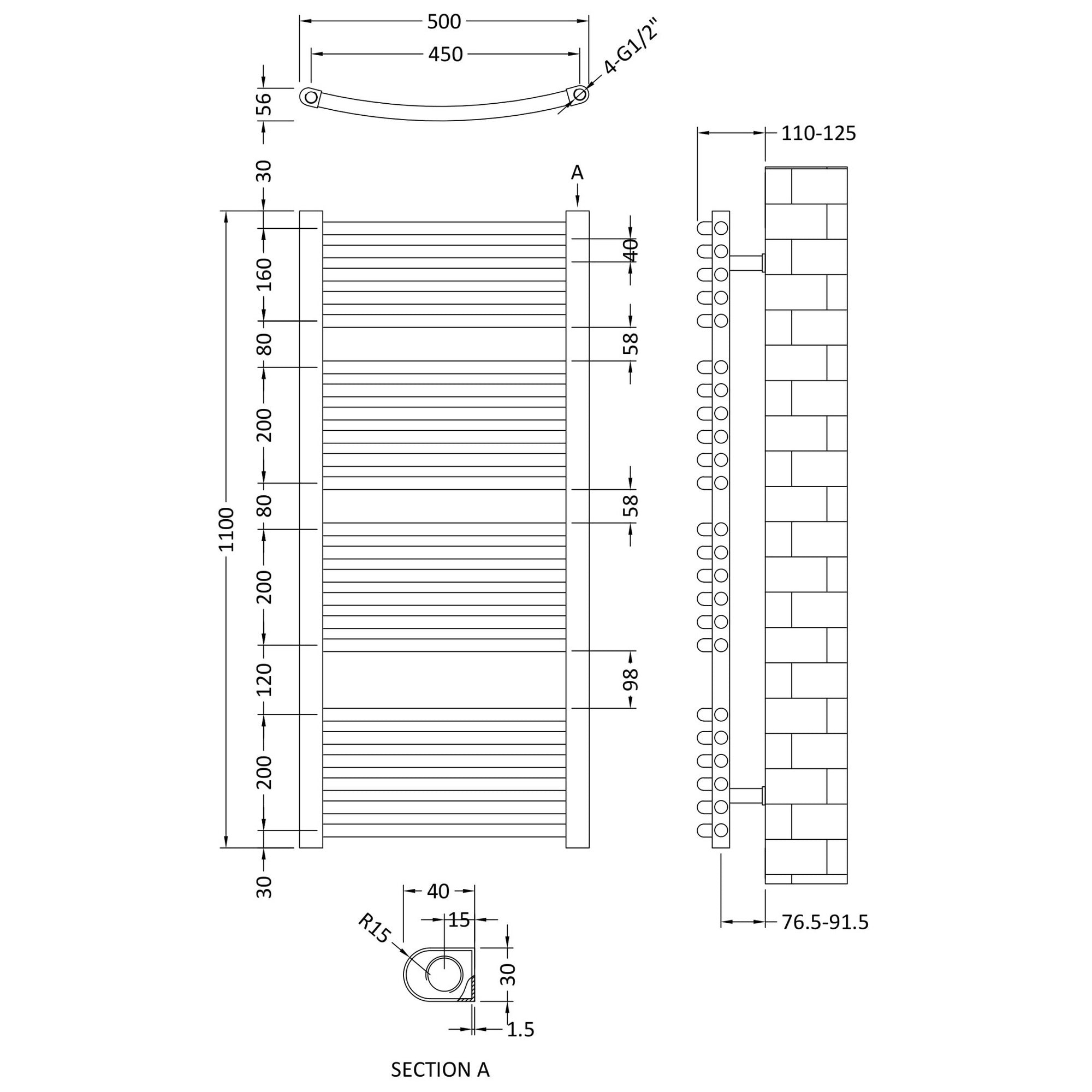 Curved Ladder Rail 1100 X 500mm Chrome 1126 BTU 455 Pipe Centres