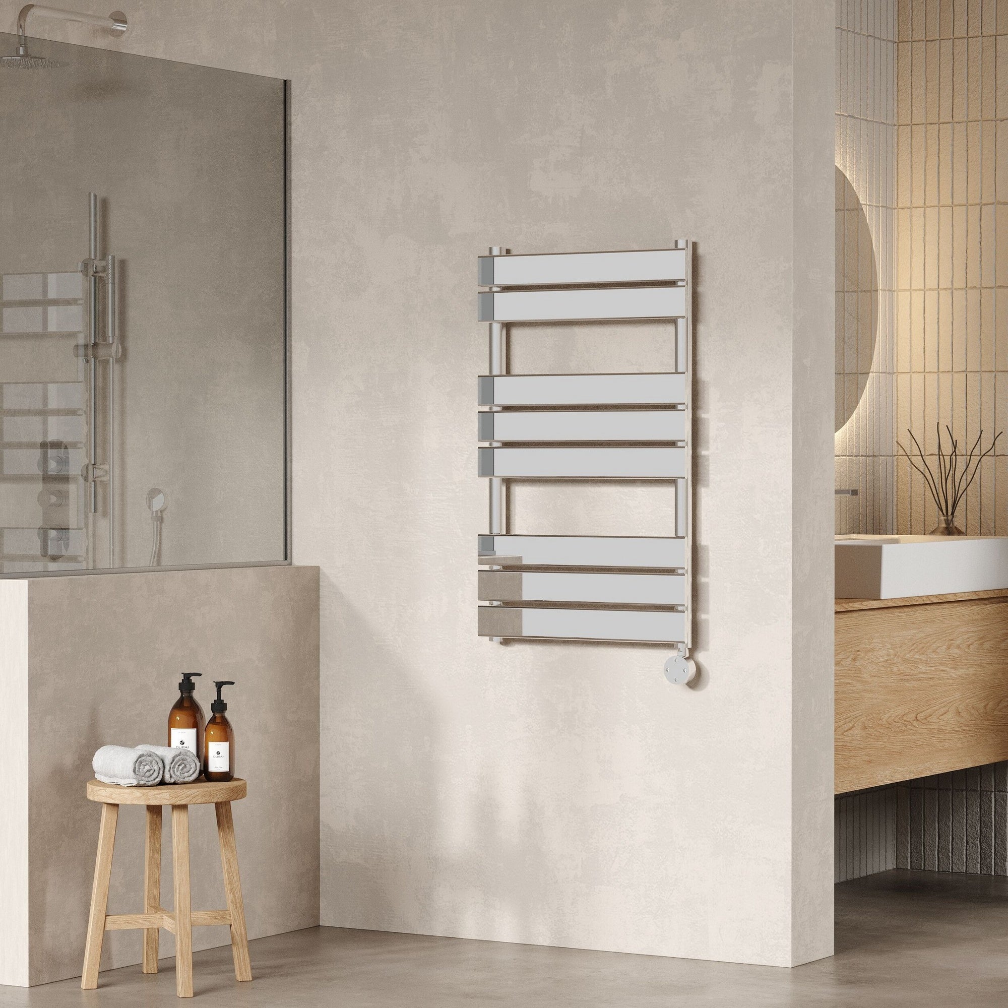 Electric Square Flat Towel Rail 8 Bars 840x500mm Chrome 993 BTU 450 Pipe Centres