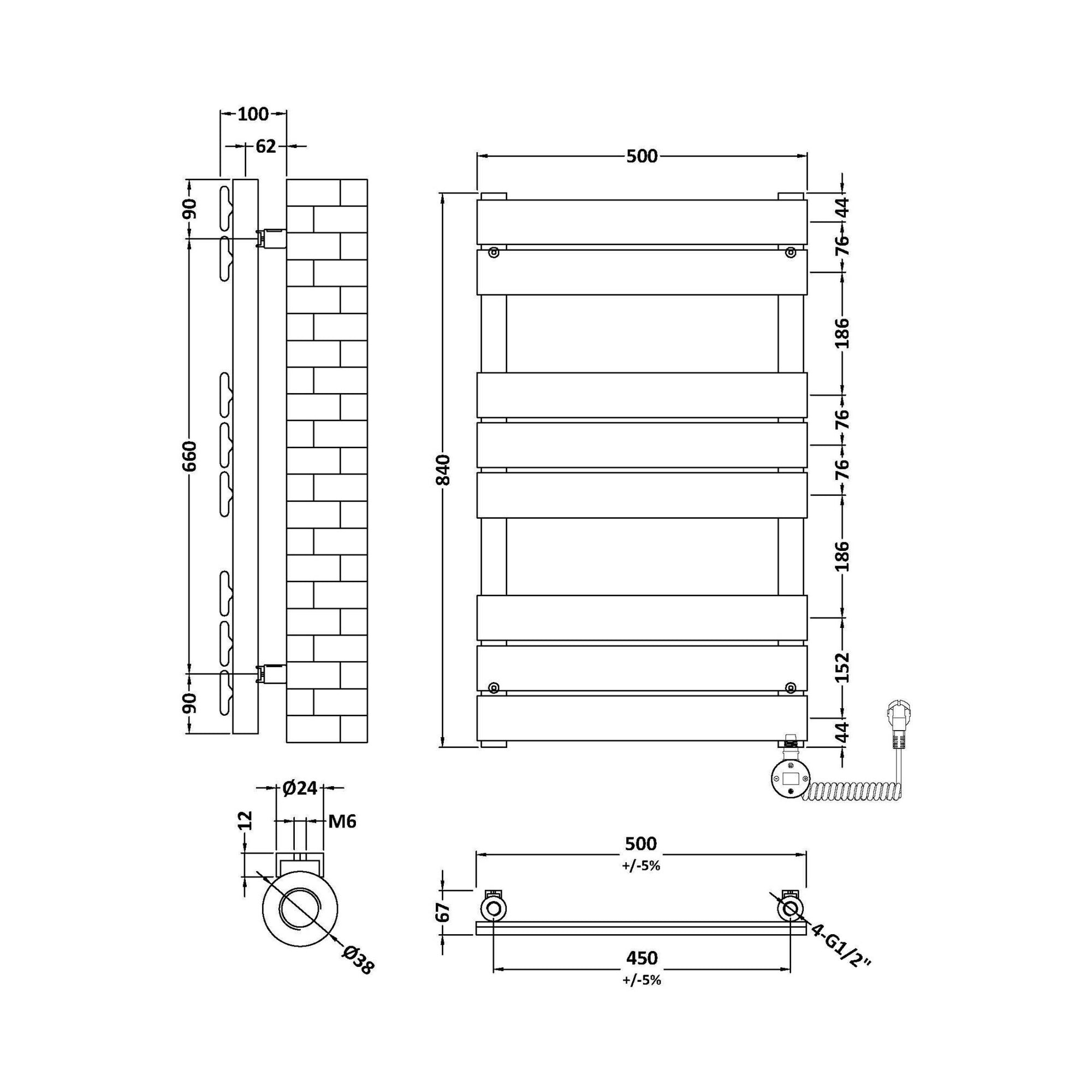 Electric Square Flat Towel Rail 8 Bars 840x500mm Chrome 993 BTU 450 Pipe Centres