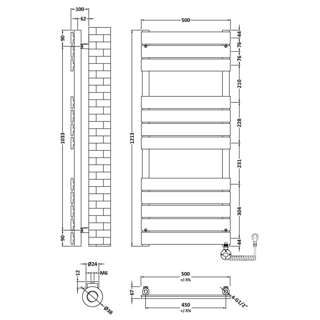 Electric Square Flat Towel Rail 12 Bars 1213x500mm Chrome 1484 BTU 450 Centres