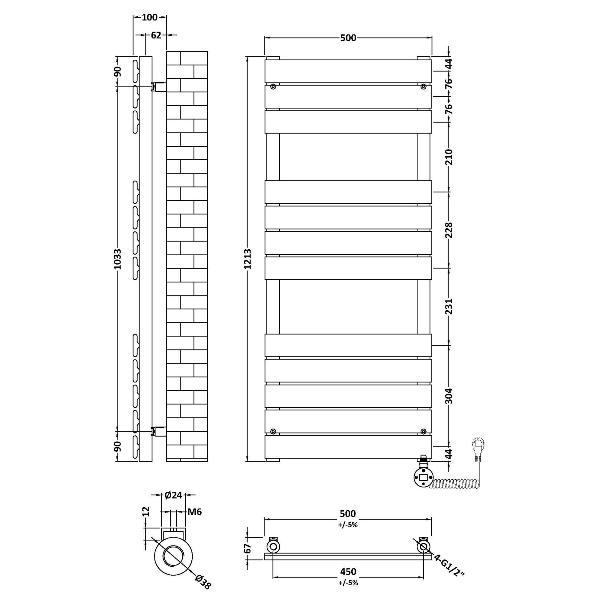 Electric Square Flat Towel Rail 12 Bars 1213x500mm Chrome 1484 BTU 450 Centres