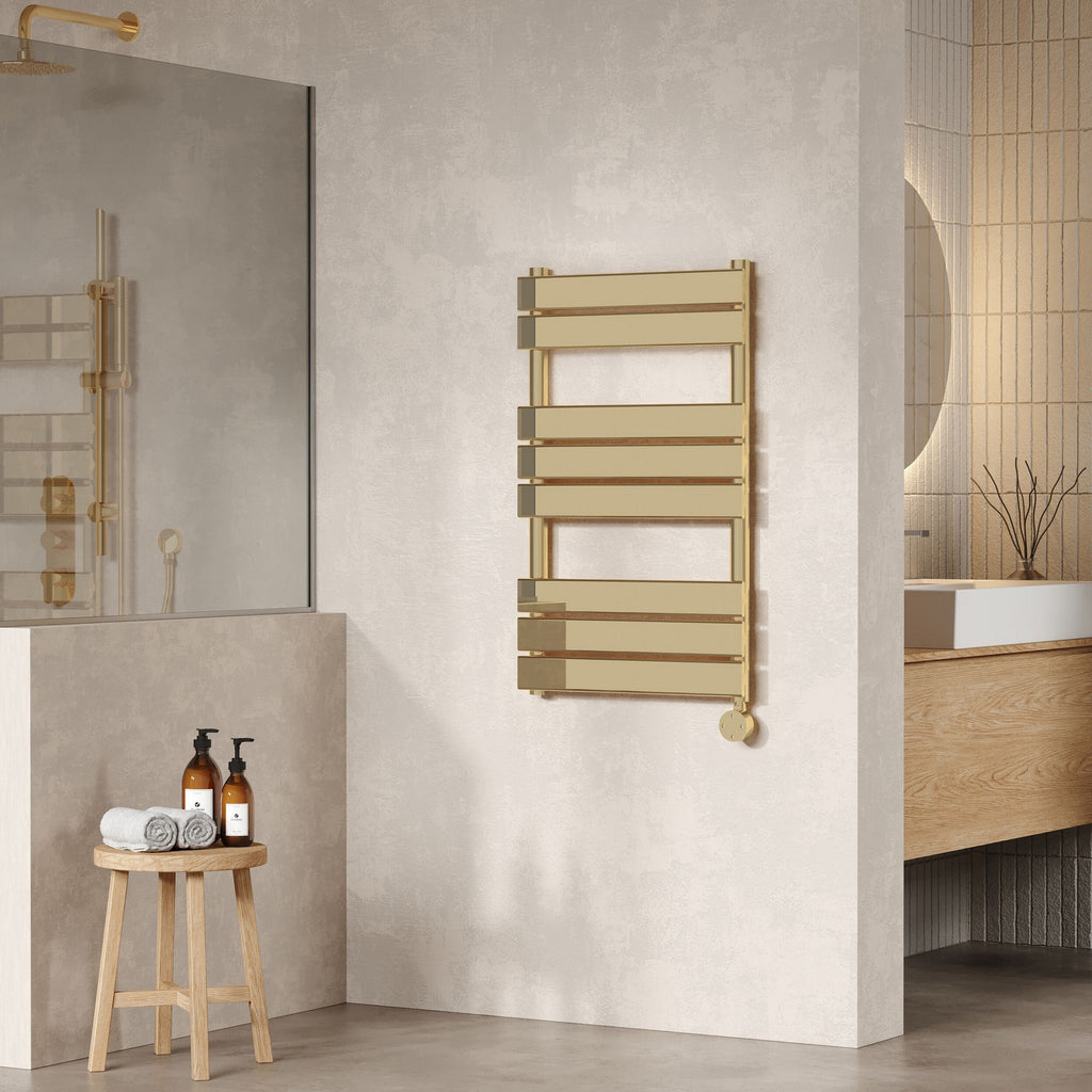 Electric Square Flat Towel Rail 8 Bars 840x500mm Brushed Brass 993 BTU 450 Centres