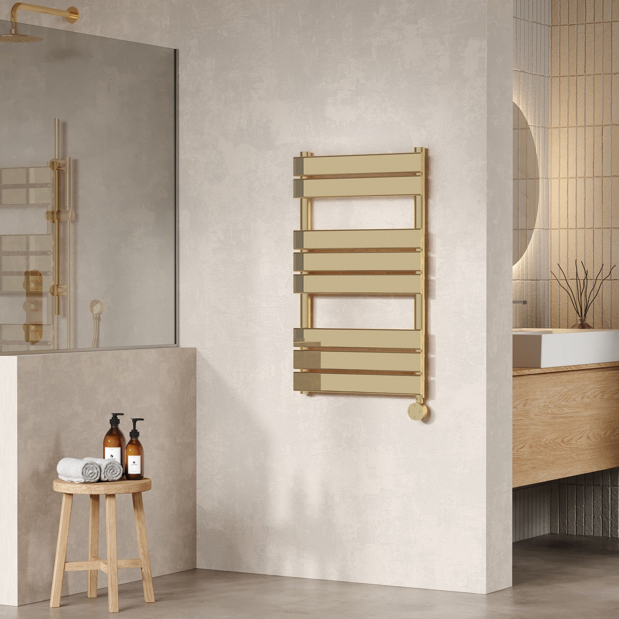 Electric Square Flat Towel Rail 8 Bars 840x500mm Brushed Brass 993 BTU 450 Centres
