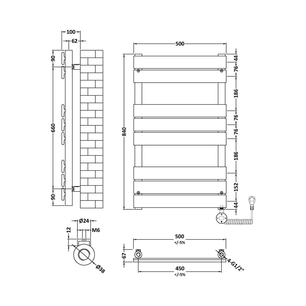 Electric Square Flat Towel Rail 8 Bars 840x500mm Brushed Brass 993 BTU 450 Centres