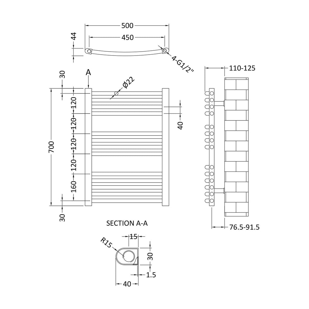 Anthracite Curved Ladder Rail 700x500mm 1051 BTU 450 Pipe Centres