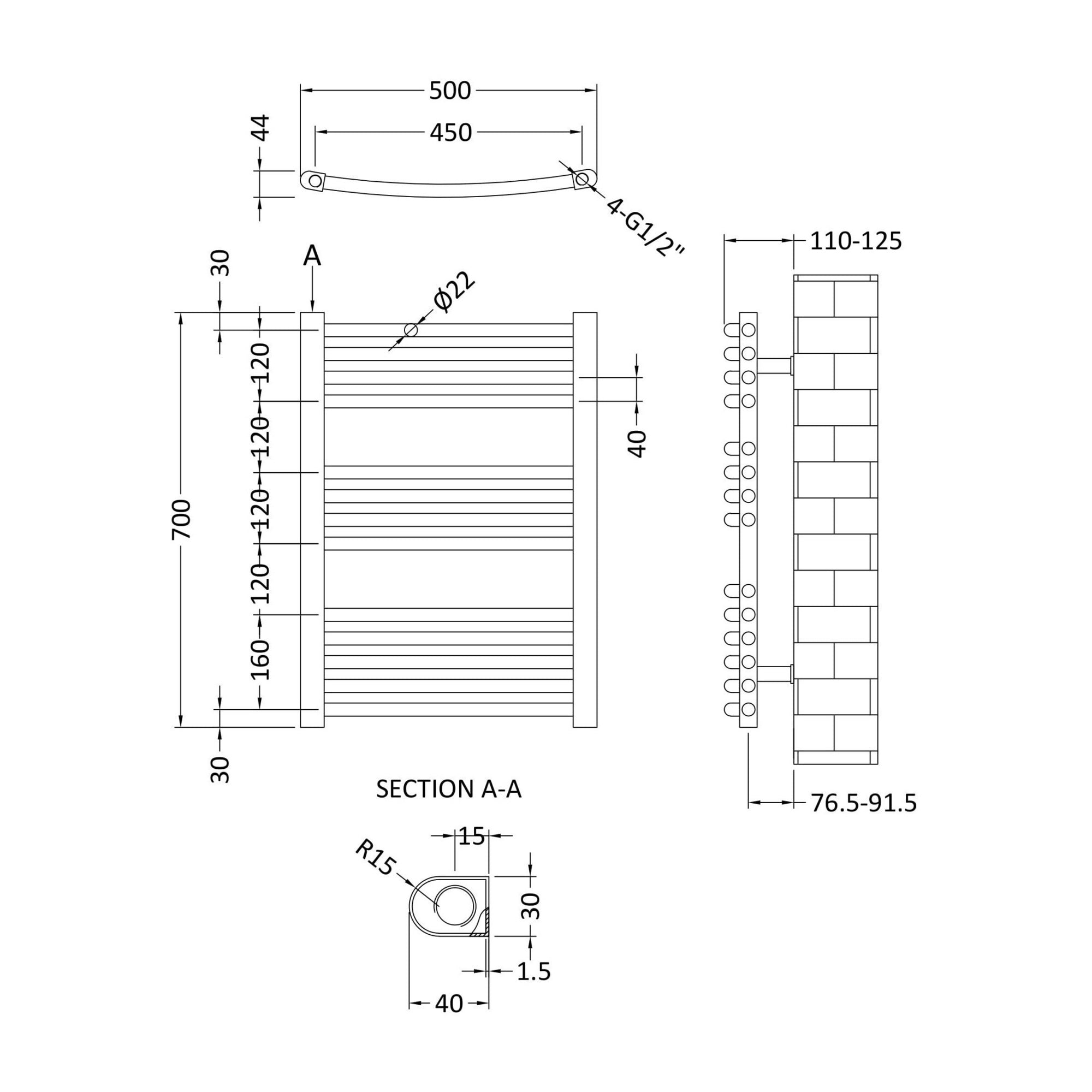 Anthracite Curved Ladder Rail 700x500mm 1051 BTU 450 Pipe Centres