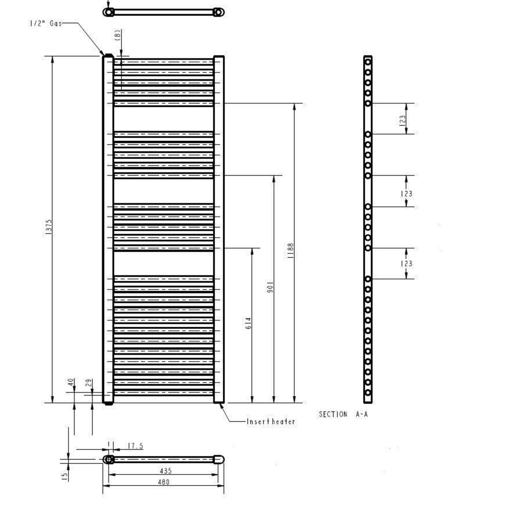 Electric Chrome Towel Rail 1375x480mm 500w 1706 BTU 435 Pipe Centres