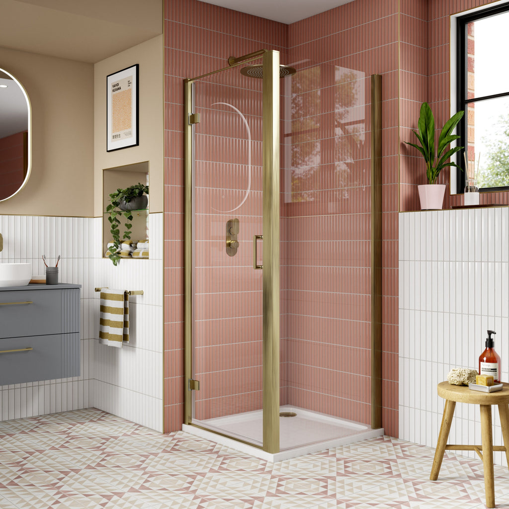 900mm Hinged Shower Door Brushed Brass Lume Contemporary 1900mm 8mm Glass