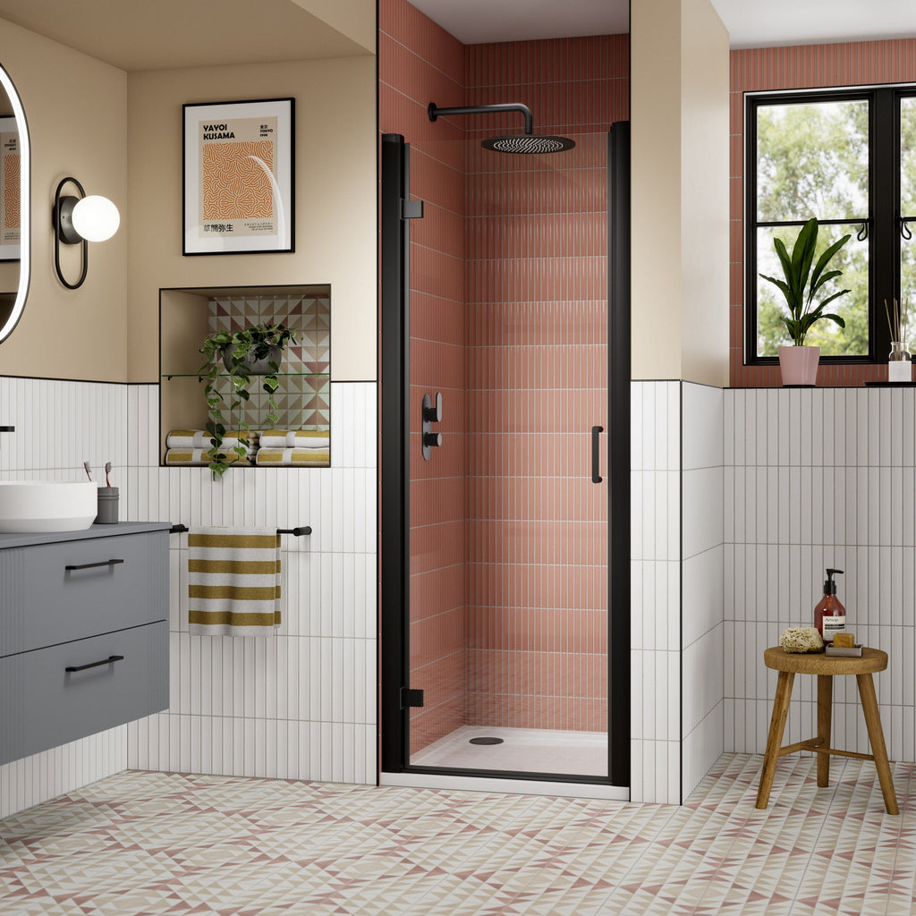 900mm Hinged Shower Door Matt Black Lume Contemporary 1900mm 8mm Glass