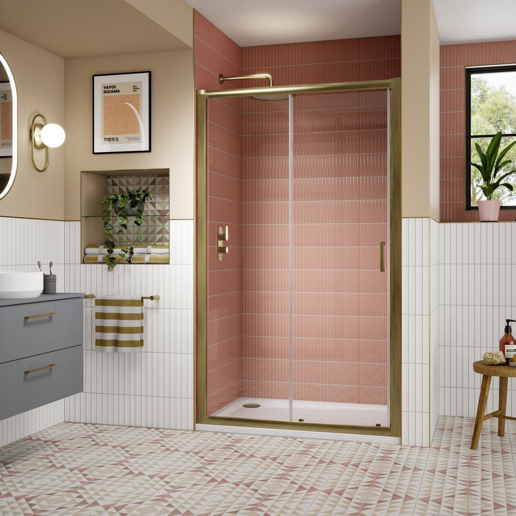 1400mm Sliding Shower Door Brushed Brass Lume Contemporary 1900mm 8mm Glass