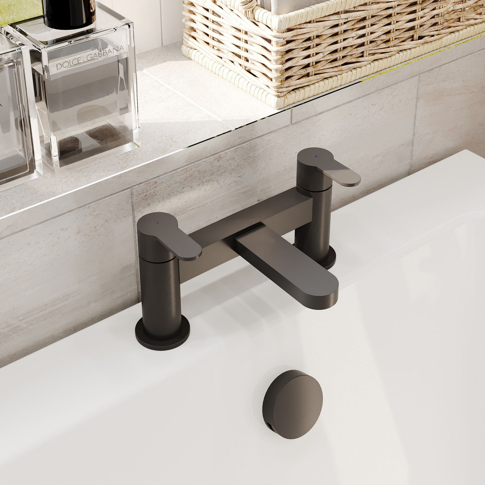 Aurelis Contemporary Matt Black Deck Mounted Bath Filler 2 Tap Hole