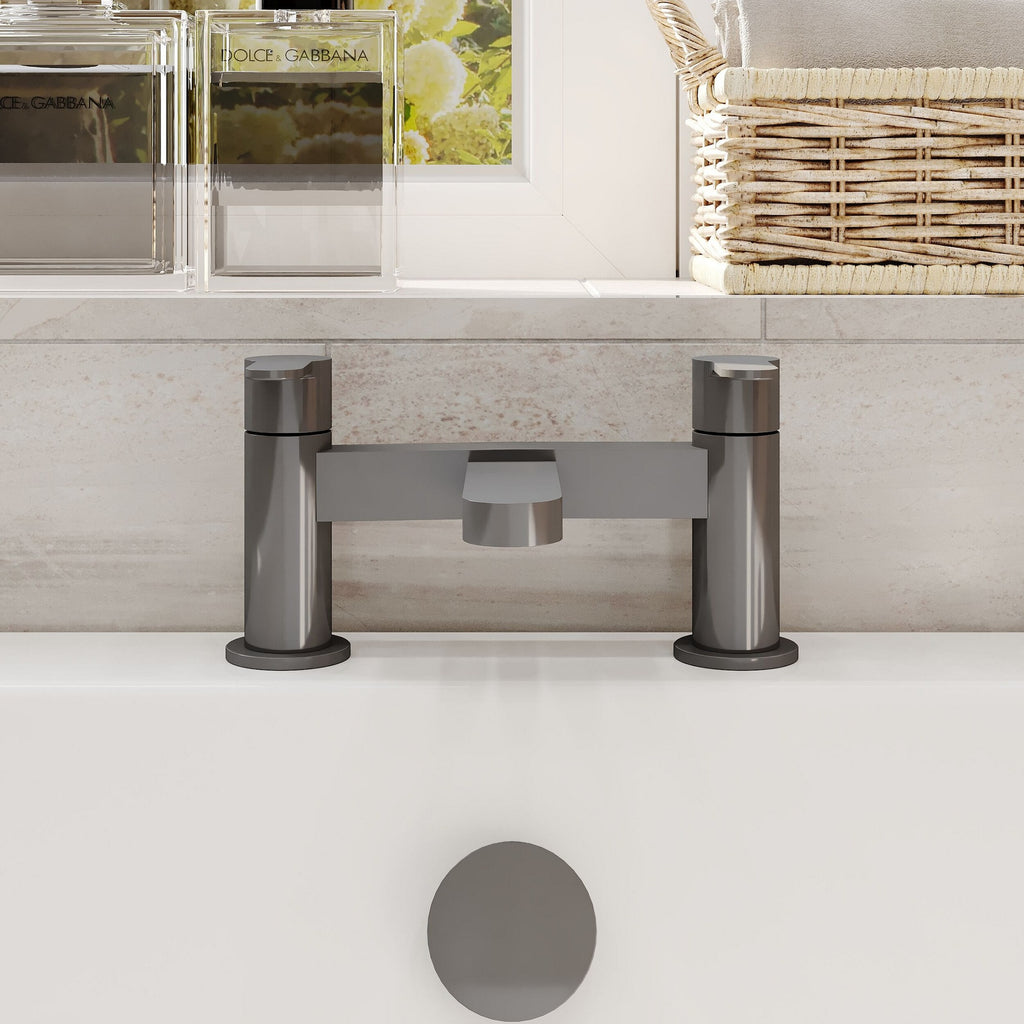 Aurelis Contemporary Brushed Pewter Deck Mounted Bath Filler 2 Tap Hole