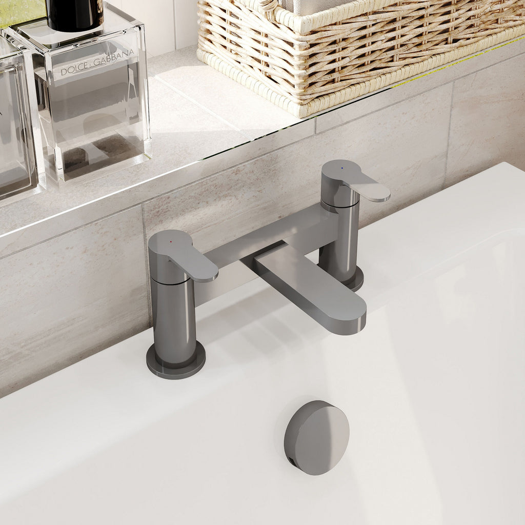 Aurelis Contemporary Brushed Pewter Deck Mounted Bath Filler 2 Tap Hole