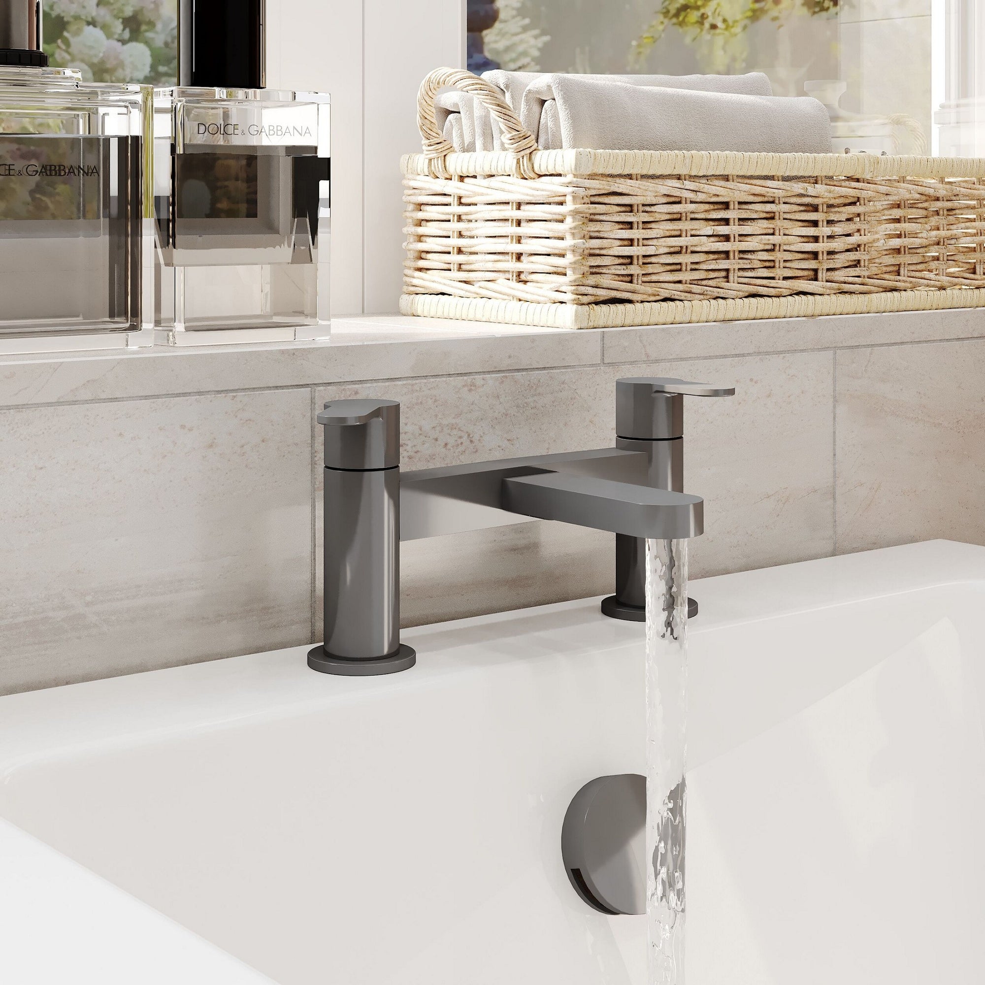 Aurelis Contemporary Brushed Pewter Deck Mounted Bath Filler 2 Tap Hole