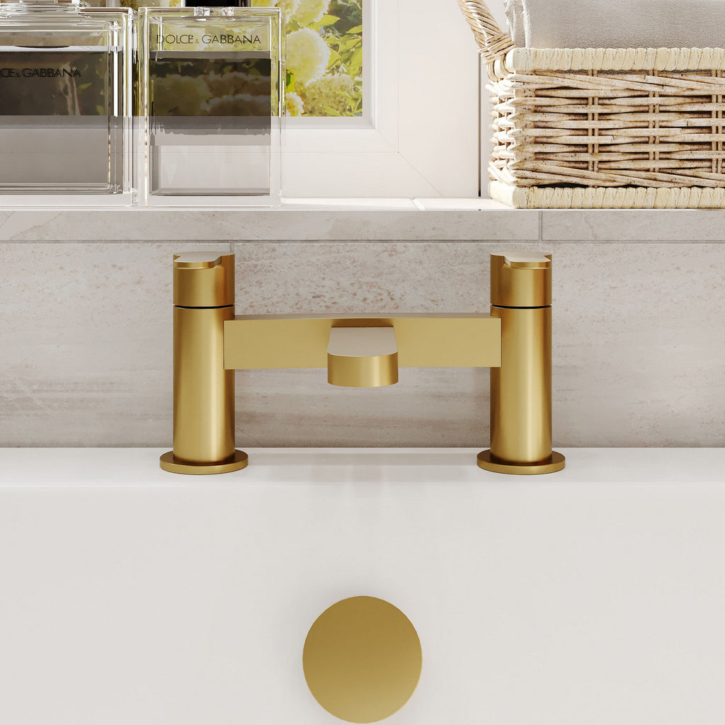 Aurelis Contemporary Brushed Brass Deck Mounted Bath Filler 2 Tap Hole