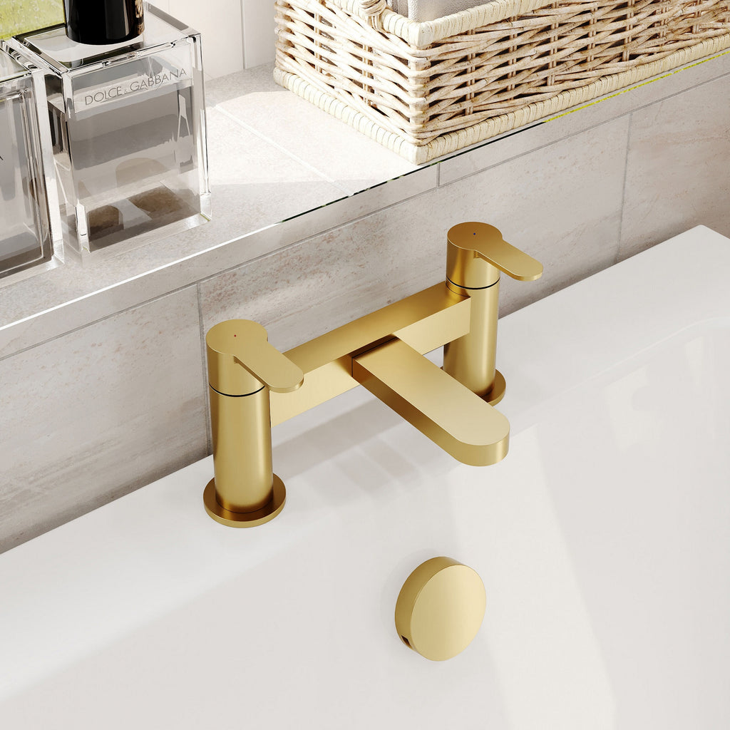 Aurelis Contemporary Brushed Brass Deck Mounted Bath Filler 2 Tap Hole