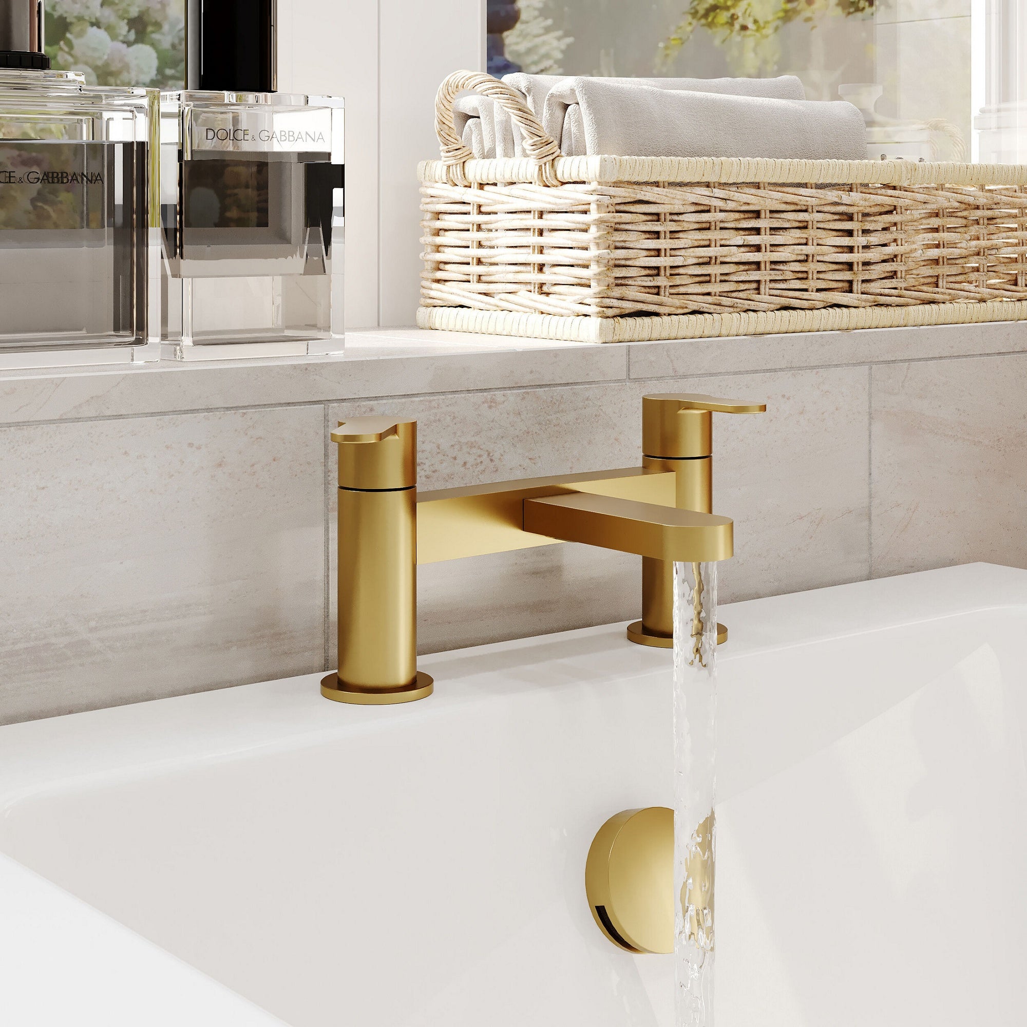 Aurelis Contemporary Brushed Brass Deck Mounted Bath Filler 2 Tap Hole