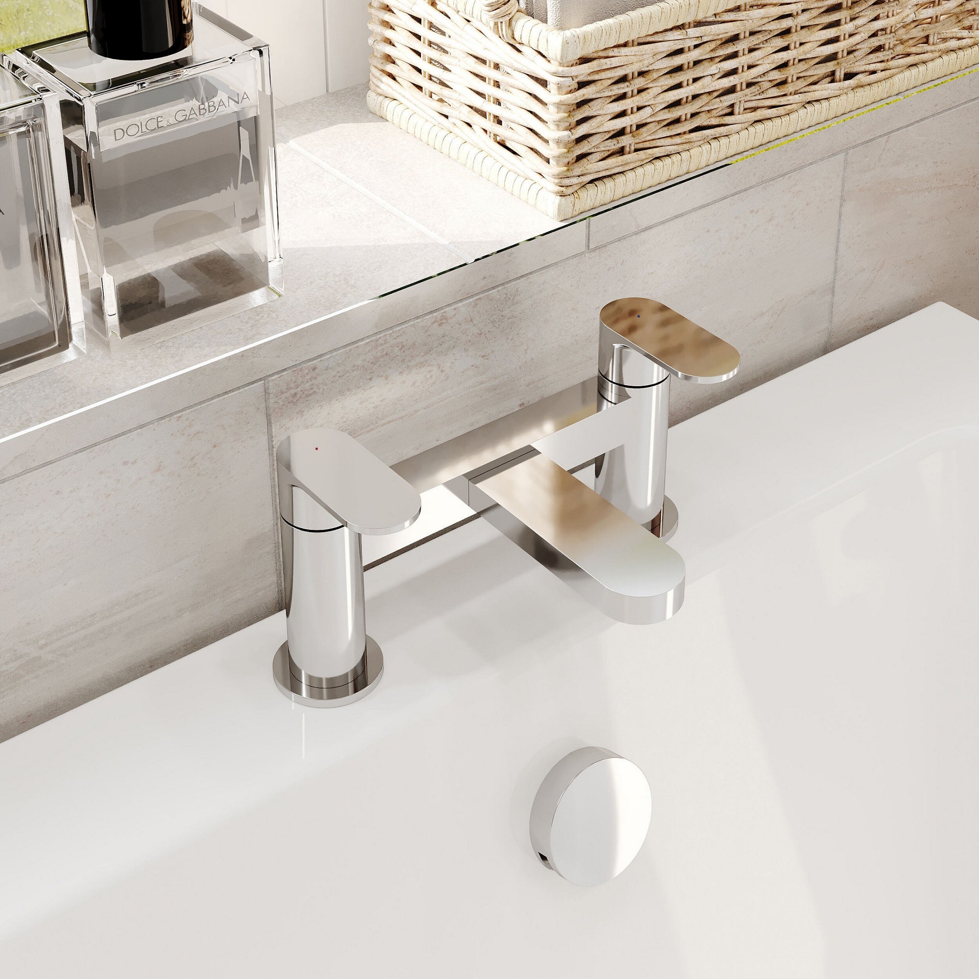Vellora Contemporary Chrome Deck Mounted Bath Filler 2 Tap Hole