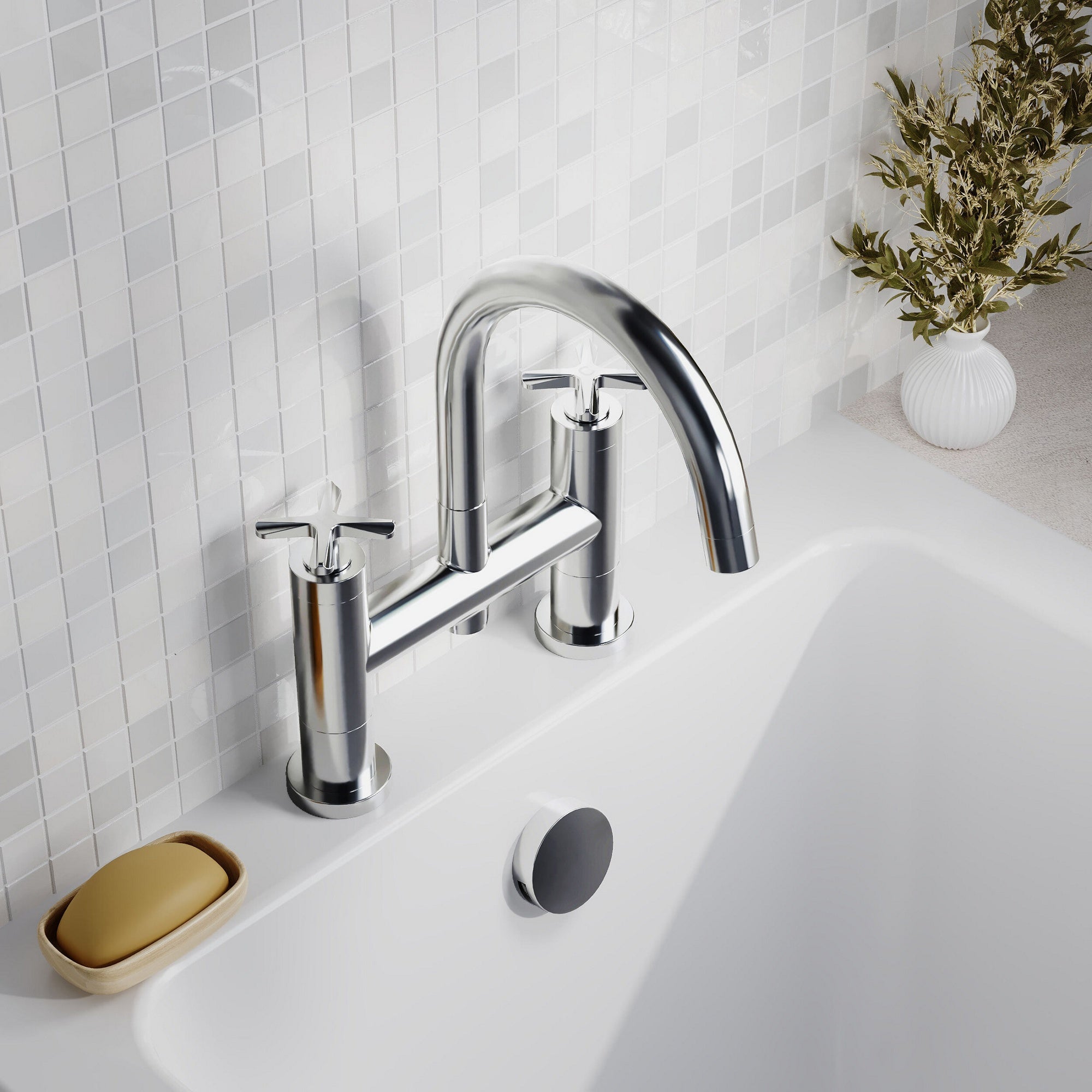 Kastis Contemporary Chrome Deck Mount Bath Filler 2 Tap Hole