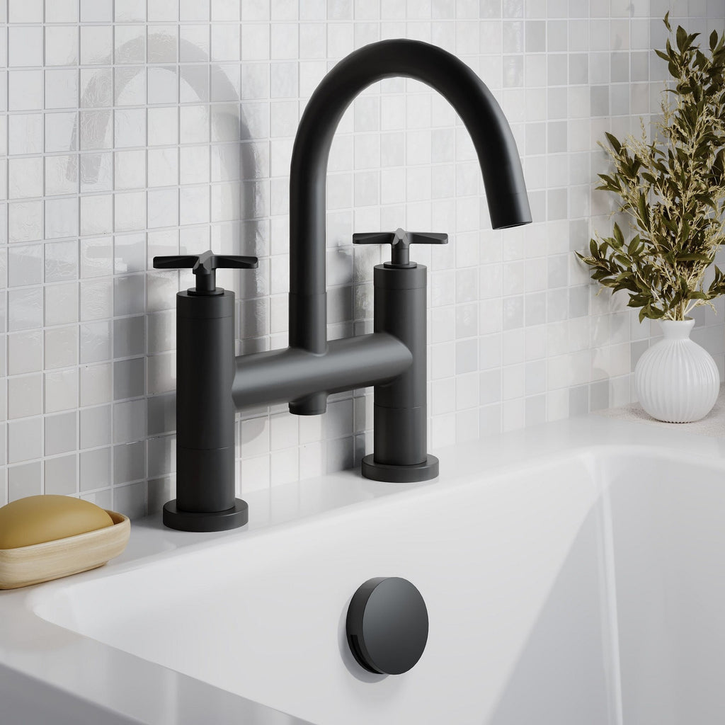Kastis Contemporary Matt Black Deck Mount Bath Filler 2 Tap Hole