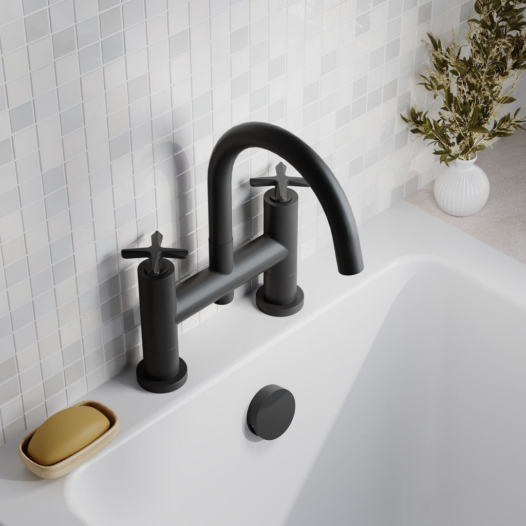 Kastis Contemporary Matt Black Deck Mount Bath Filler 2 Tap Hole