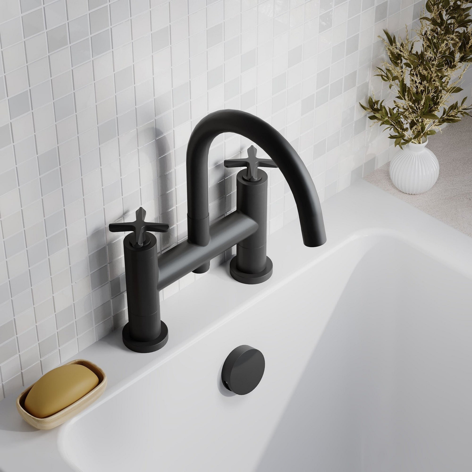 Kastis Contemporary Matt Black Deck Mount Bath Filler 2 Tap Hole