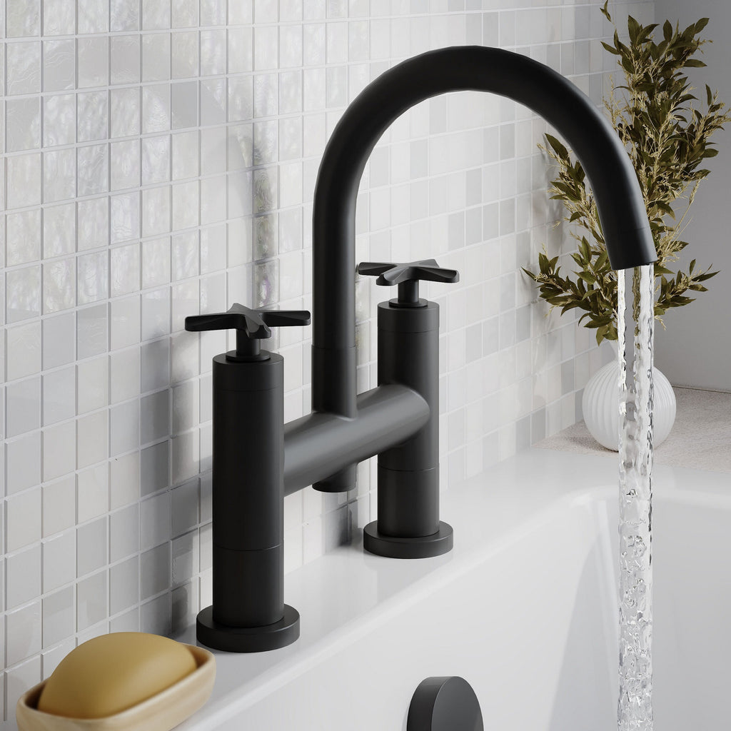 Kastis Contemporary Matt Black Deck Mount Bath Filler 2 Tap Hole
