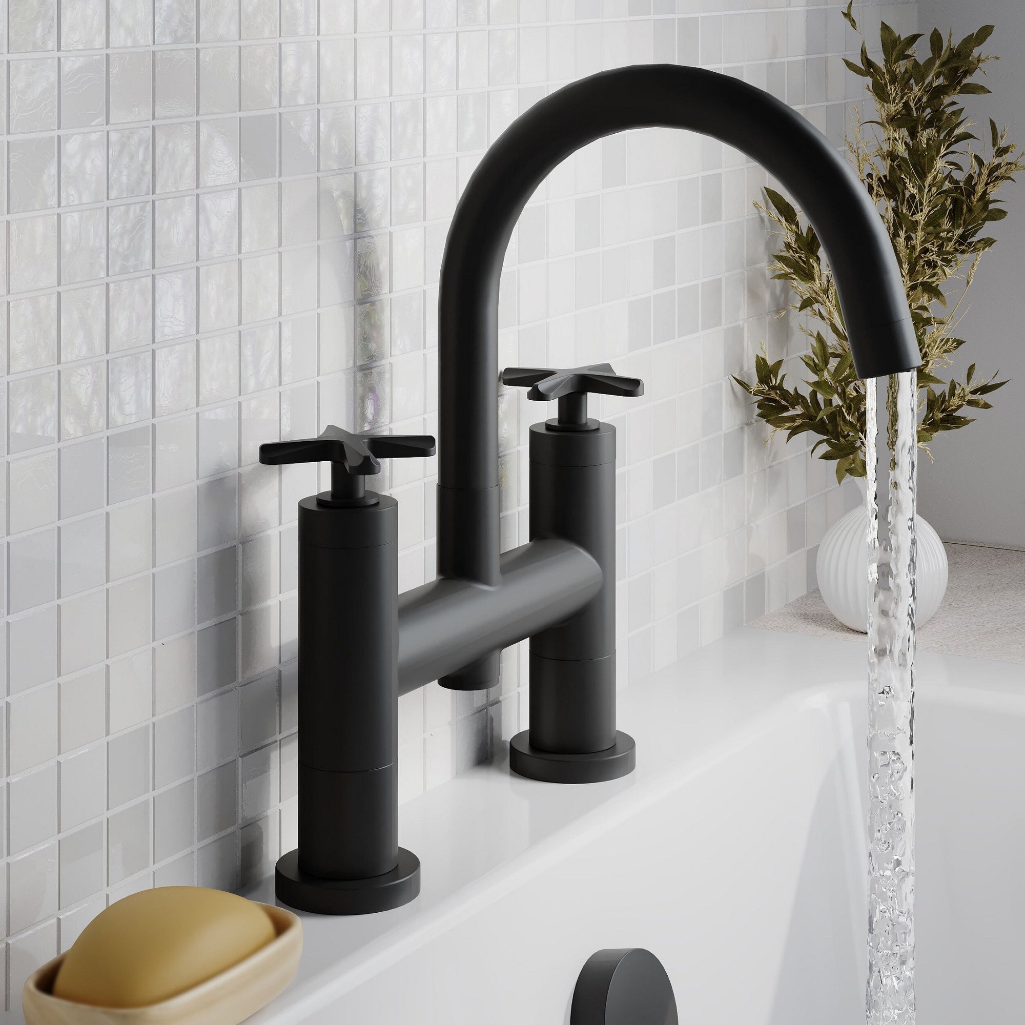 Kastis Contemporary Matt Black Deck Mount Bath Filler 2 Tap Hole