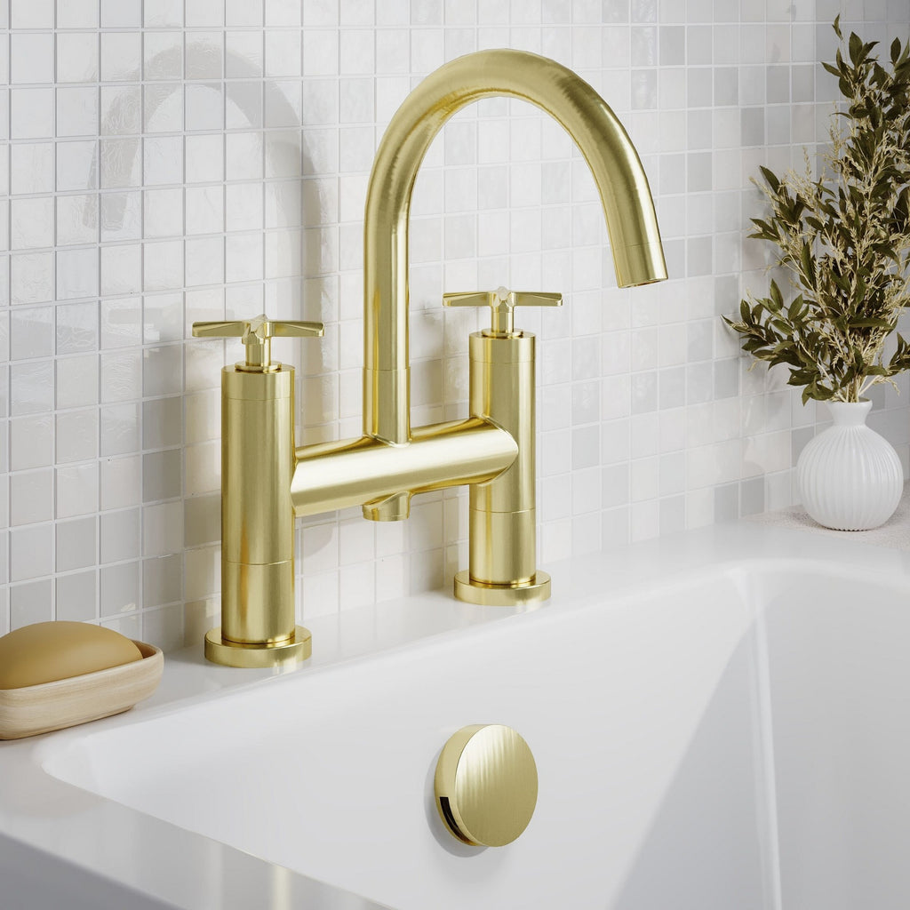 Kastis Contemporary Brushed Brass Deck Mount Bath Filler 2 Tap Hole