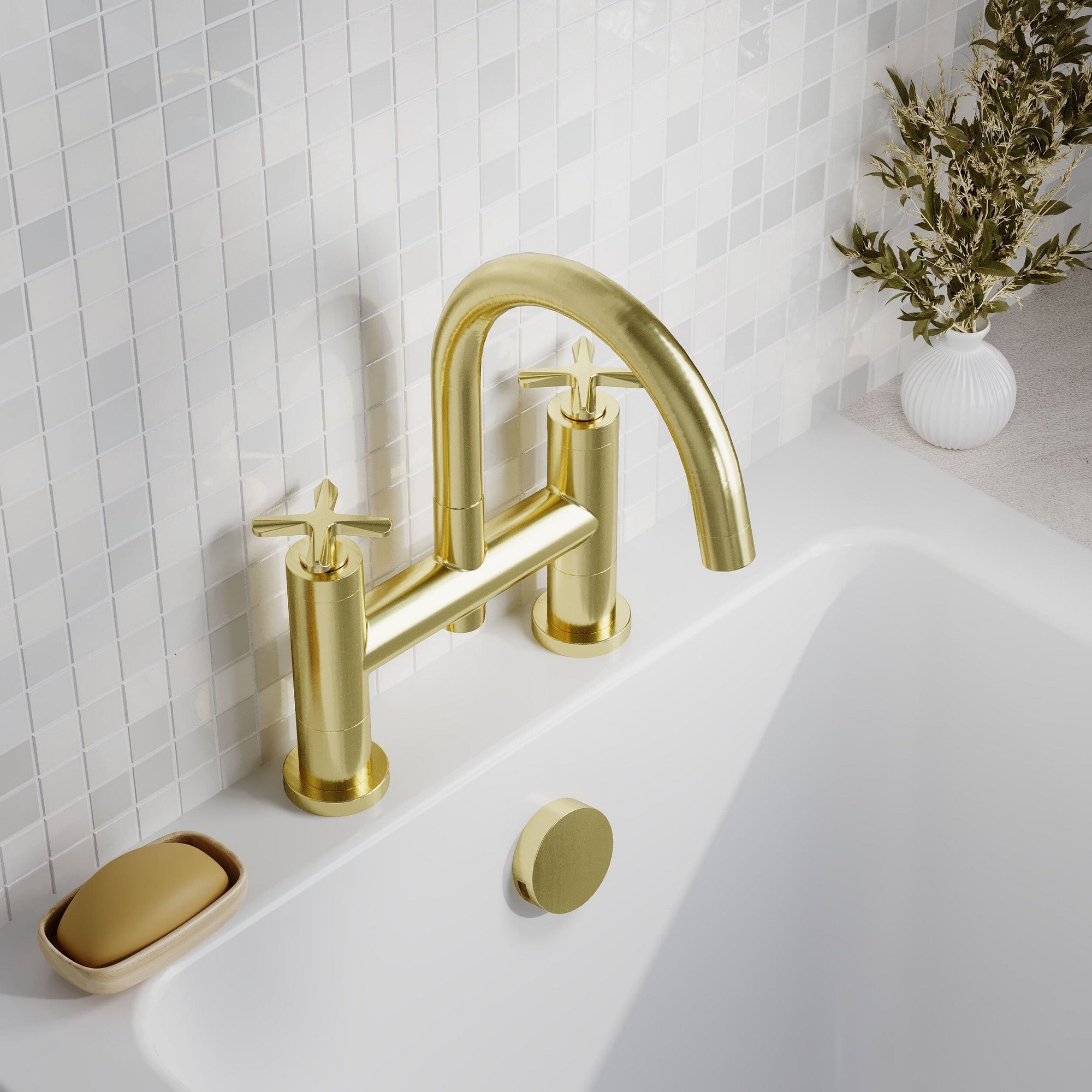 Kastis Contemporary Brushed Brass Deck Mount Bath Filler 2 Tap Hole