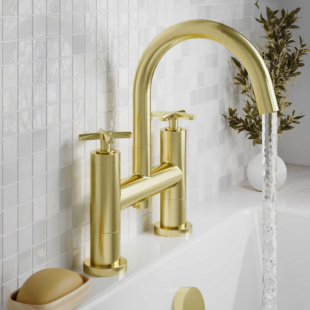 Kastis Contemporary Brushed Brass Deck Mount Bath Filler 2 Tap Hole