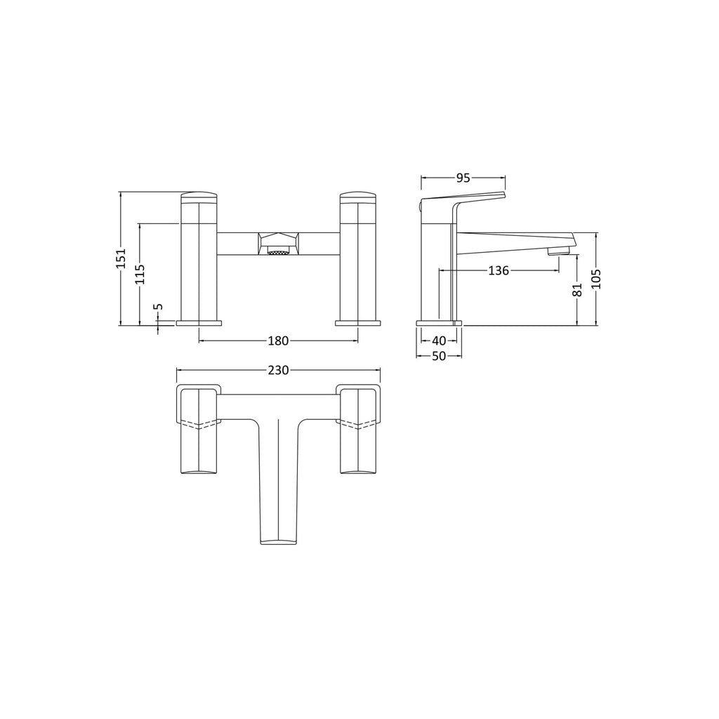 Stark Contemporary Chrome Bath Filler 2 Tap Hole Square Lever 136mm Spout