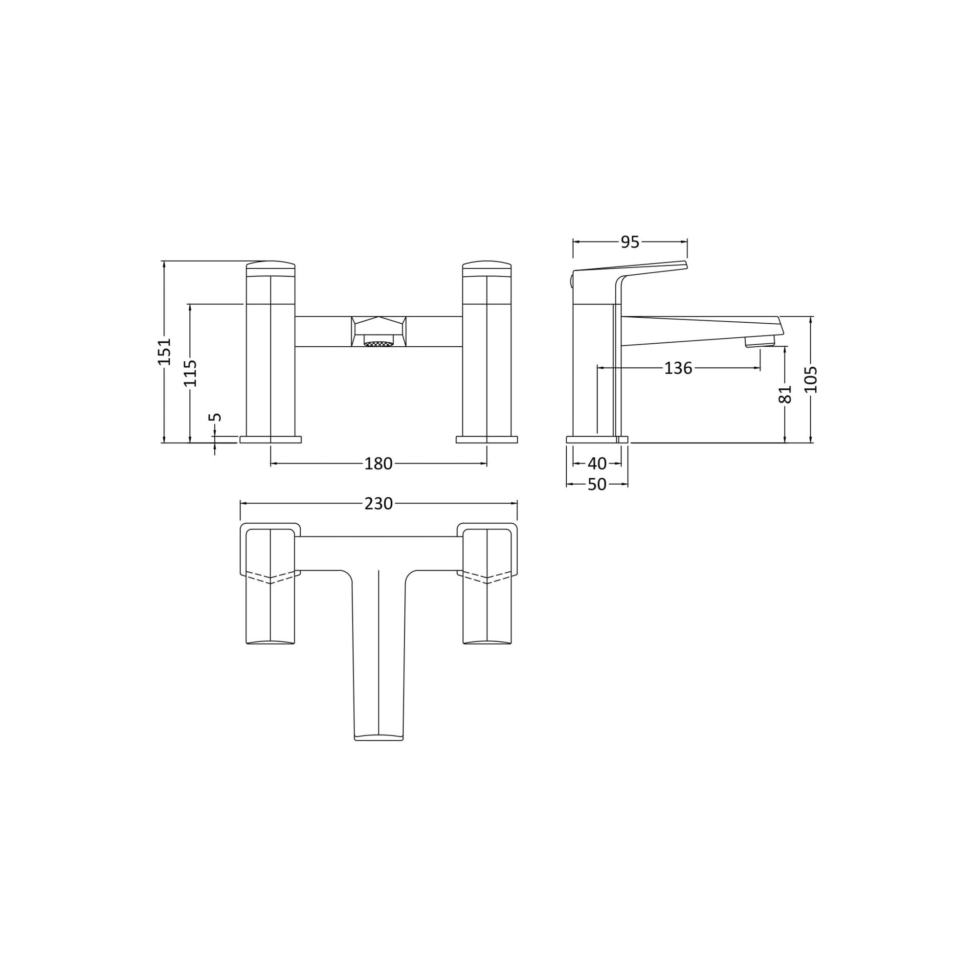 Stark Contemporary Chrome Bath Filler 2 Tap Hole Square Lever 136mm Spout