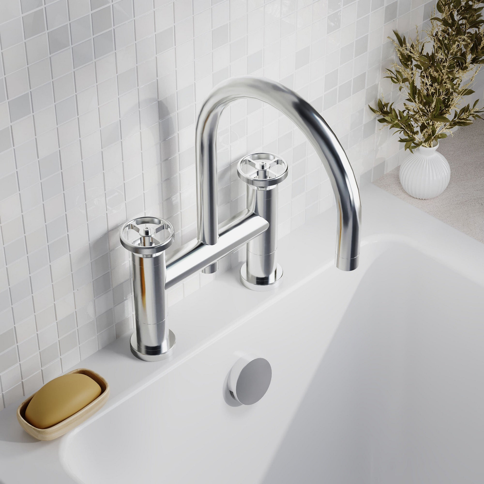 Ultima Contemporary Chrome Bath Filler 2 Tap Hole Crosshead 115mm Spout