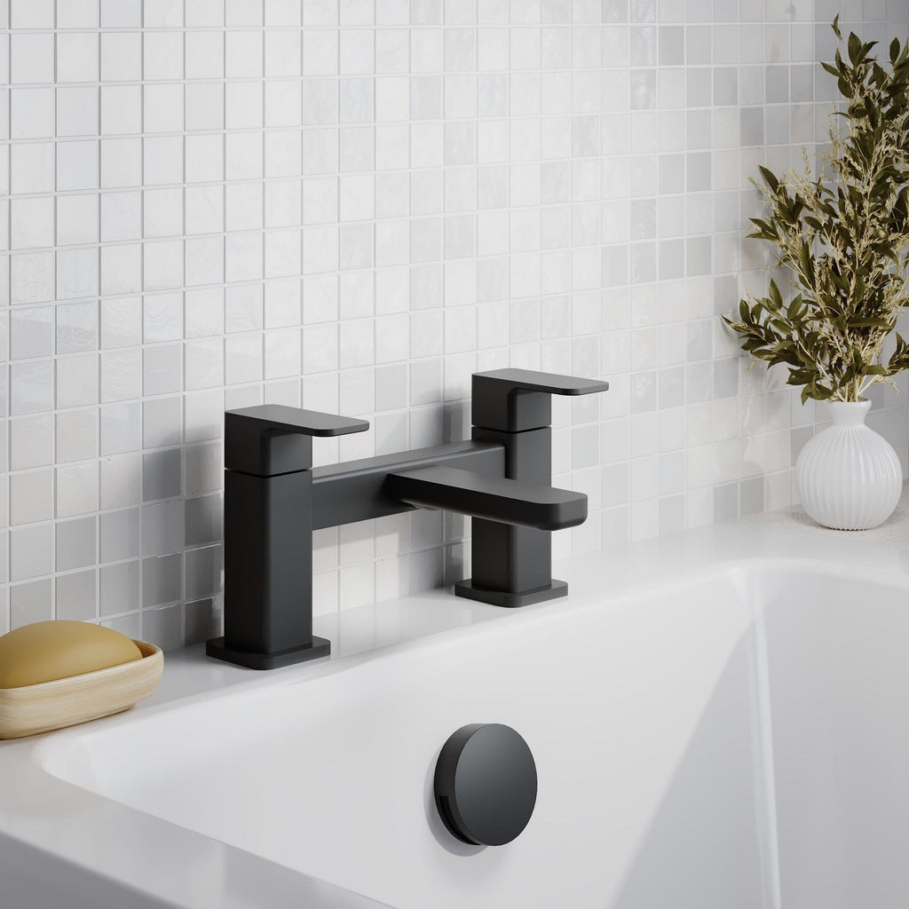 Lumina Contemporary Matt Black Bath Filler 2 Tap Hole Square Lever 110mm