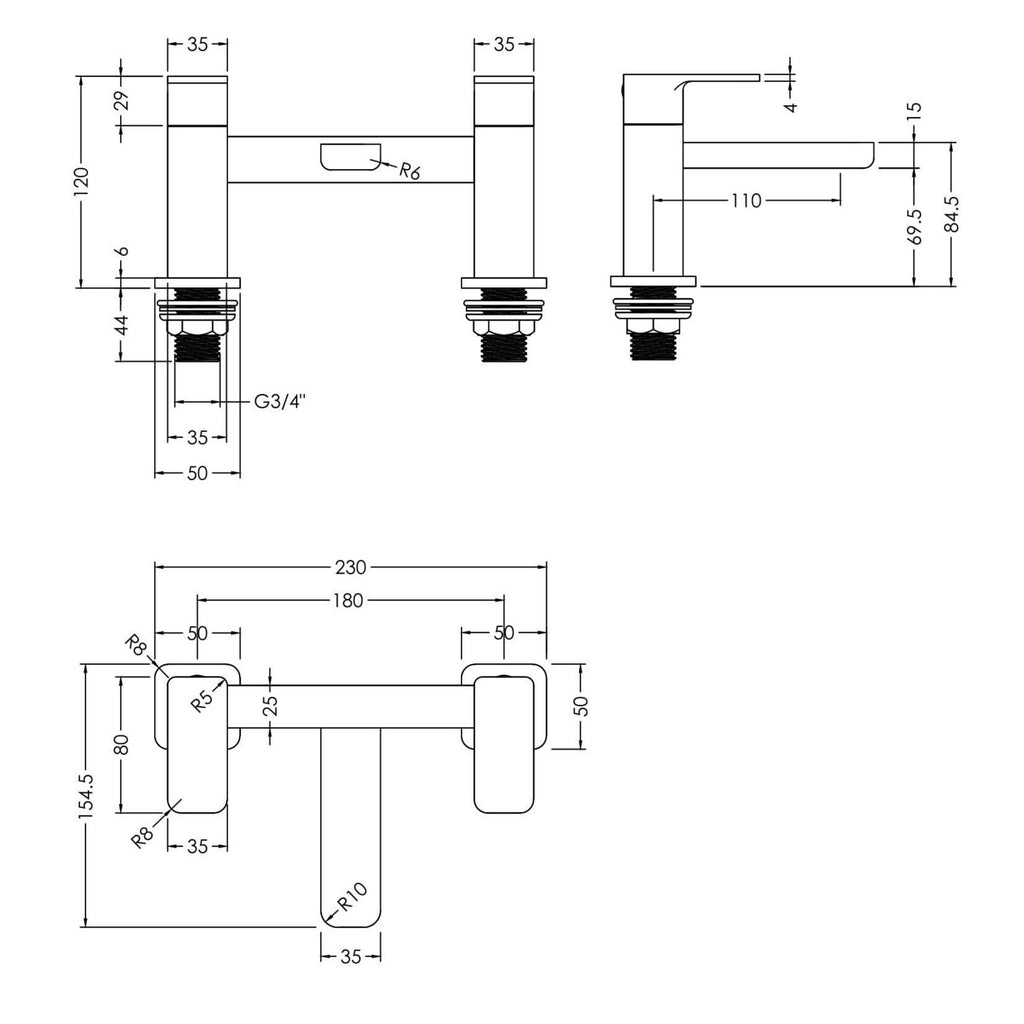 Lumina Contemporary Matt Black Bath Filler 2 Tap Hole Square Lever 110mm