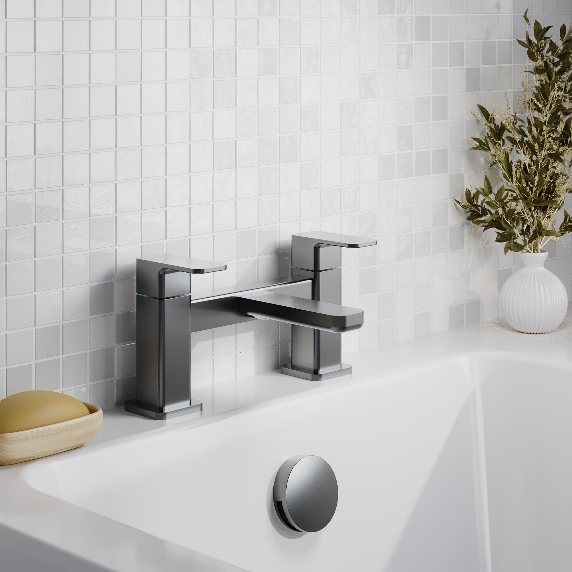 Lumina Contemporary Brushed Pewter Bath Filler 2 Tap Hole Square Lever 110mm