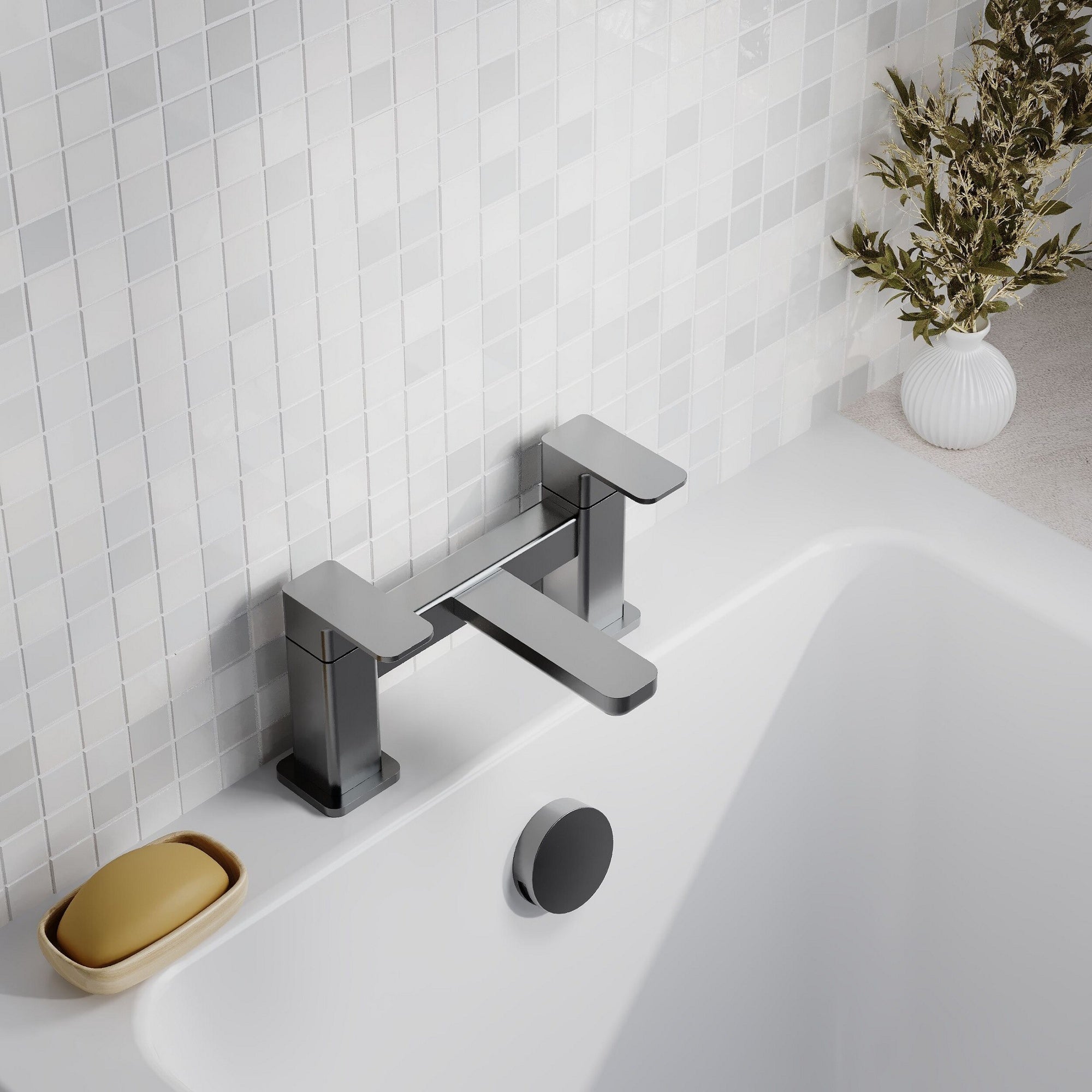 Lumina Contemporary Brushed Pewter Bath Filler 2 Tap Hole Square Lever 110mm