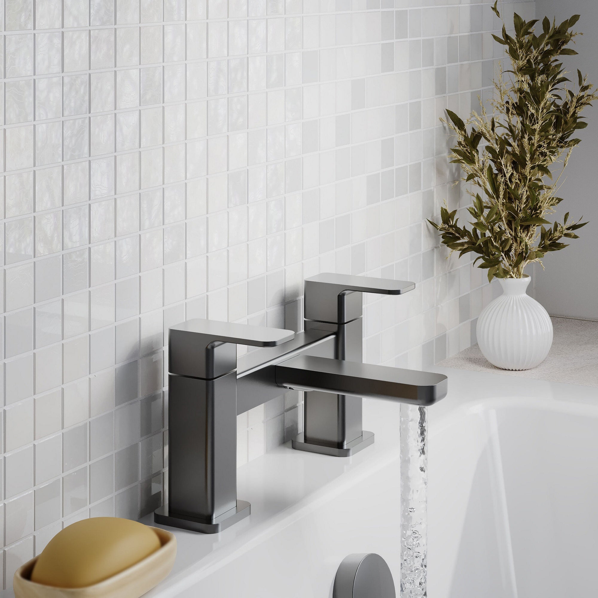 Lumina Contemporary Brushed Pewter Bath Filler 2 Tap Hole Square Lever 110mm