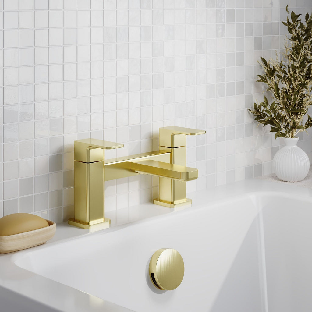 Lumina Contemporary Brushed Brass Bath Filler 2 Tap Hole Square Lever 110mm