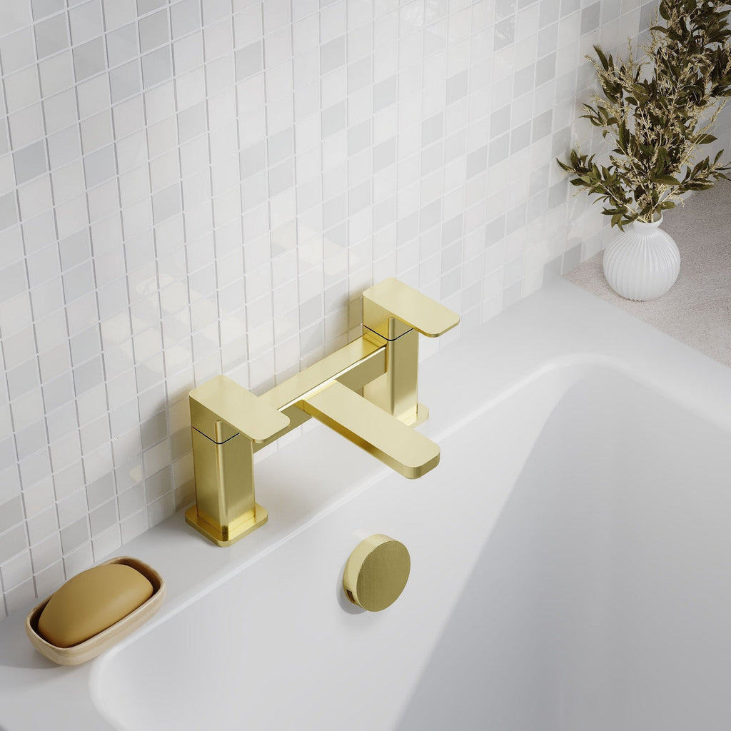 Lumina Contemporary Brushed Brass Bath Filler 2 Tap Hole Square Lever 110mm