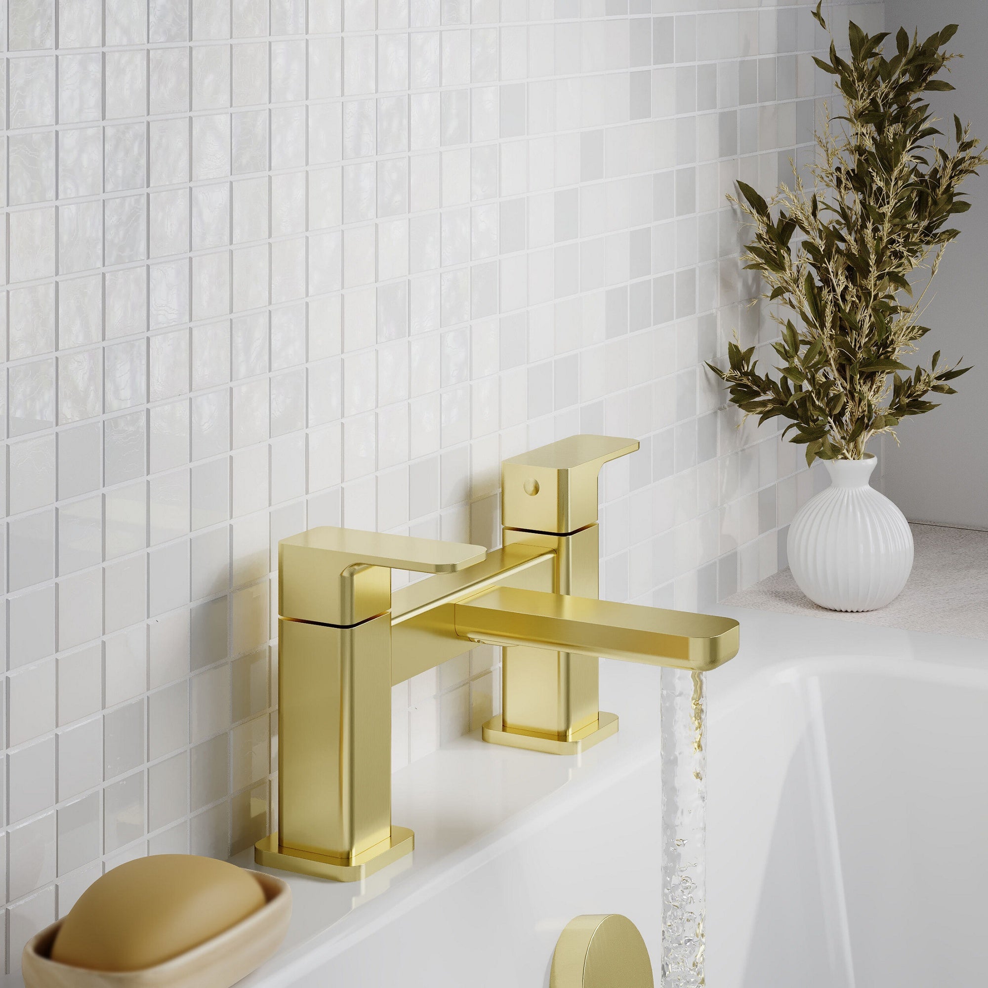 Lumina Contemporary Brushed Brass Bath Filler 2 Tap Hole Square Lever 110mm