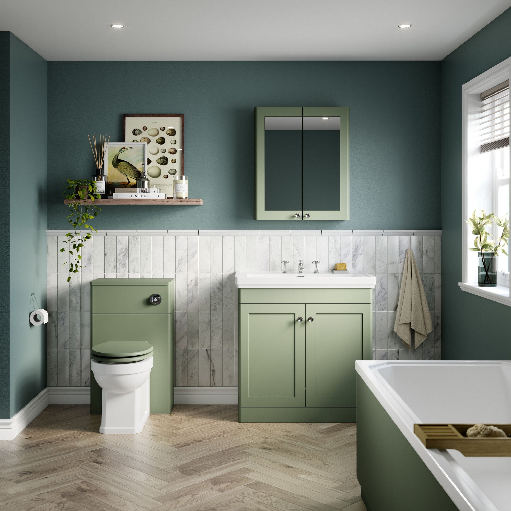 Heritage 600mm 2 Door Satin Green Wall Hung Mirror Cabinet Traditional 715mm