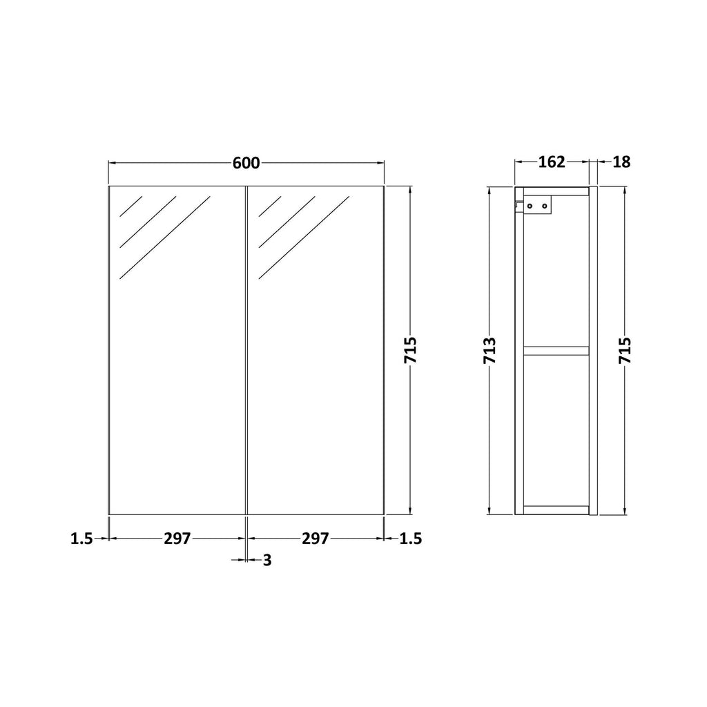 Elysia 600mm 2 Door Gloss Grey Wall Hung Mirror Cabinet Contemporary 713mm