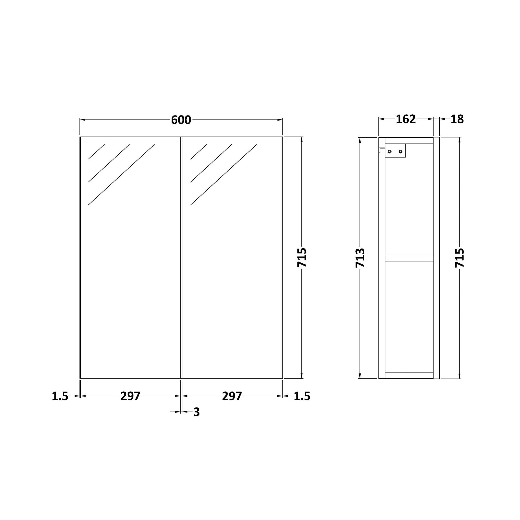 Elysia 600mm 2 Door Gloss Grey Wall Hung Mirror Cabinet Contemporary 713mm