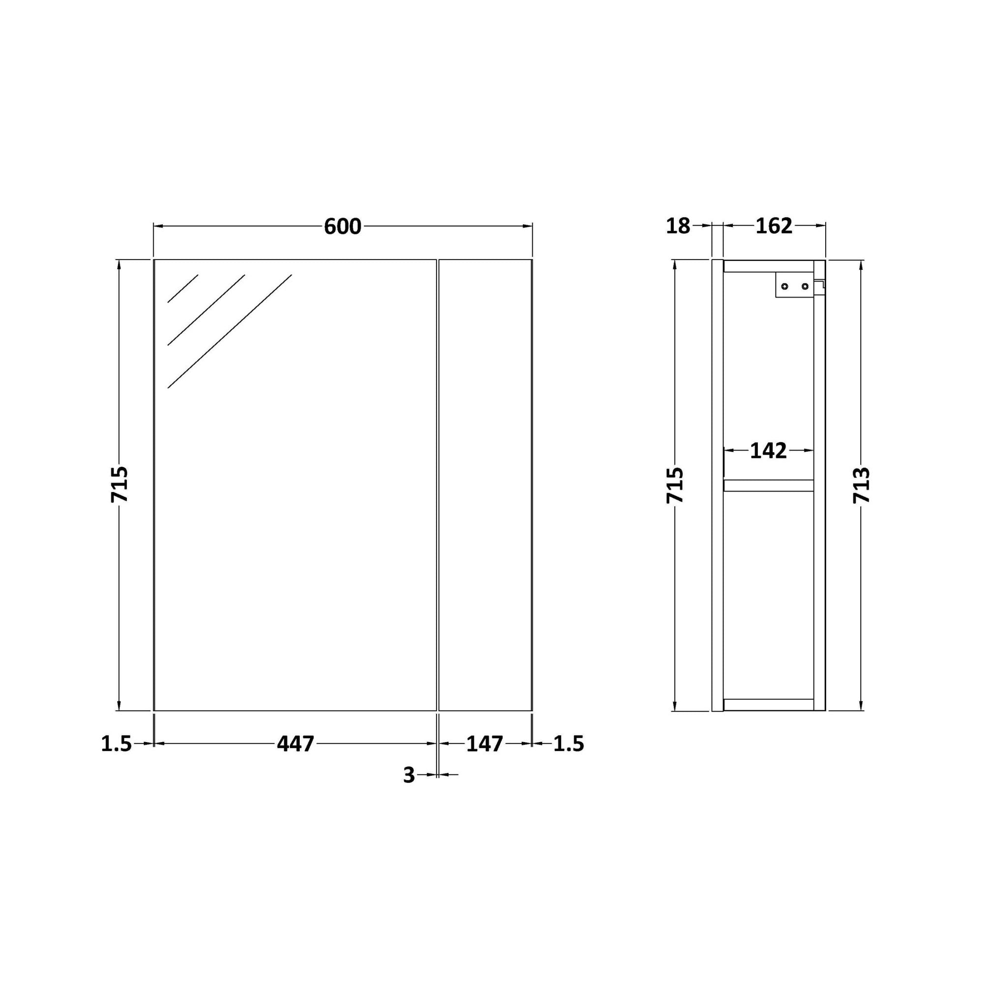 Elysia 600mm 2 Door Gloss Grey Wall Hung Mirror Cabinet Contemporary 713mm