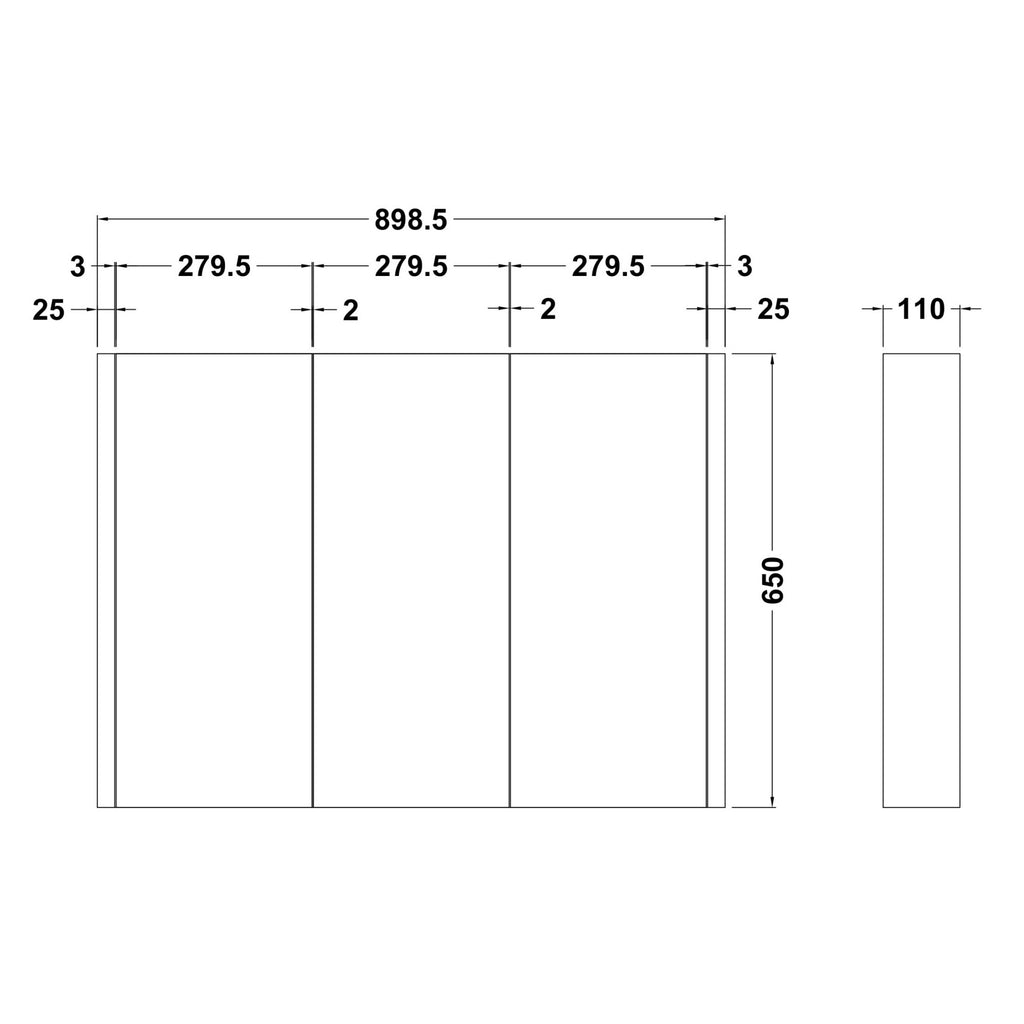 Aura 899mm 3 Door Gloss White Wall Hung Mirror Cabinet Contemporary 650mm
