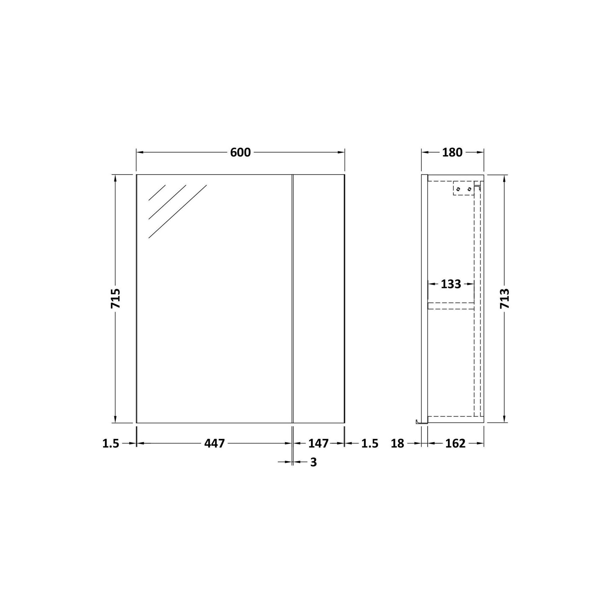 Element Fitted Wall Hung 2 Door Mirror Unit 600mm Graphite Grey Woodgrain