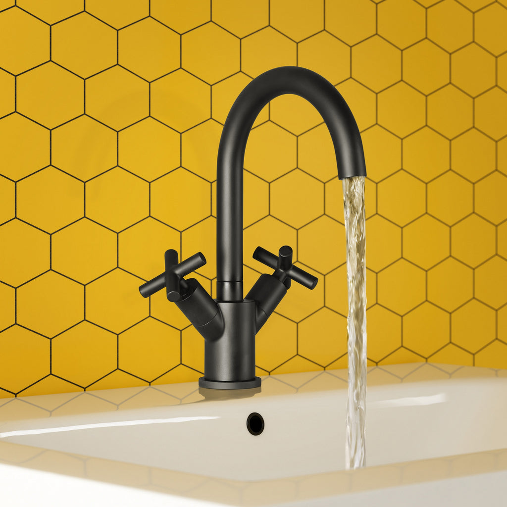 Aura Deck Mounted Crosshead Basin Mixer Tap Brass Matt Black Swivel Spout