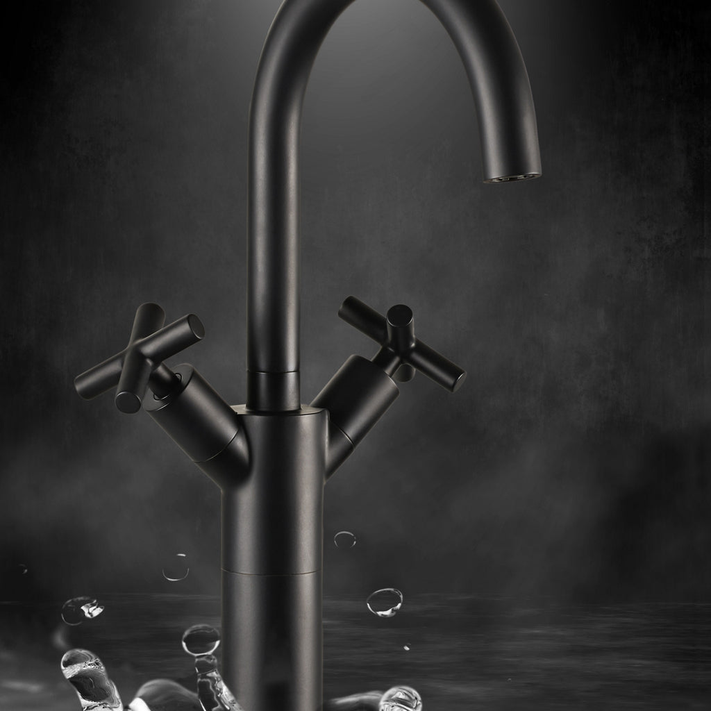Aura Deck Mounted Crosshead Basin Mixer Tap Brass Matt Black Swivel Spout